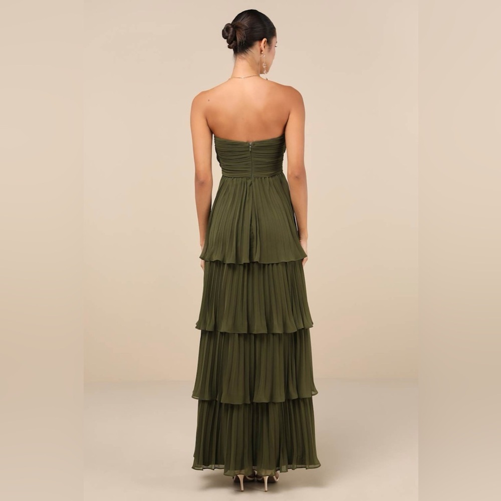 NWT Lulus Seriously Sensational Olive Green Strapless Tiered Maxi Dress - Picture 2 of 4
